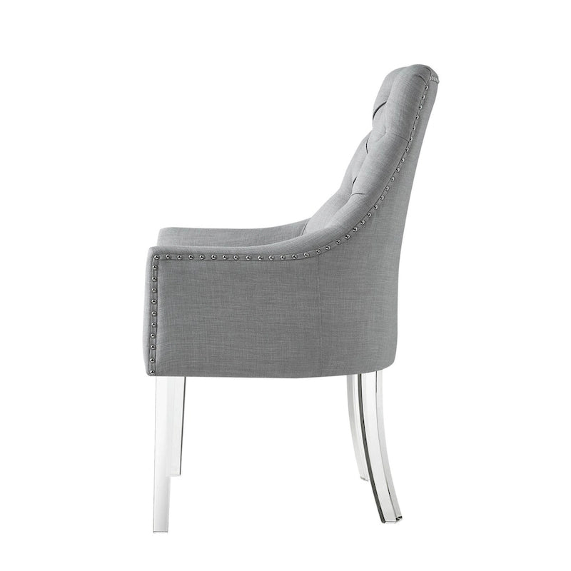 Tufted Light Grey Linen Dining Arm Chair