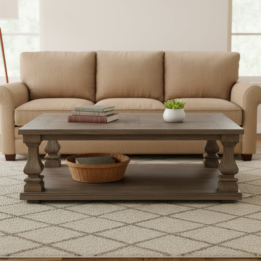 Classic 54 Inch Coffee Table, Baluster Legs, Spacious Top, Weathered Gray
