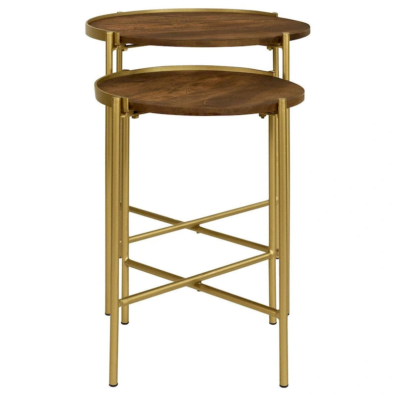 Round Nesting Side Tables Set of 2 - Gold Iron and Mango Wood