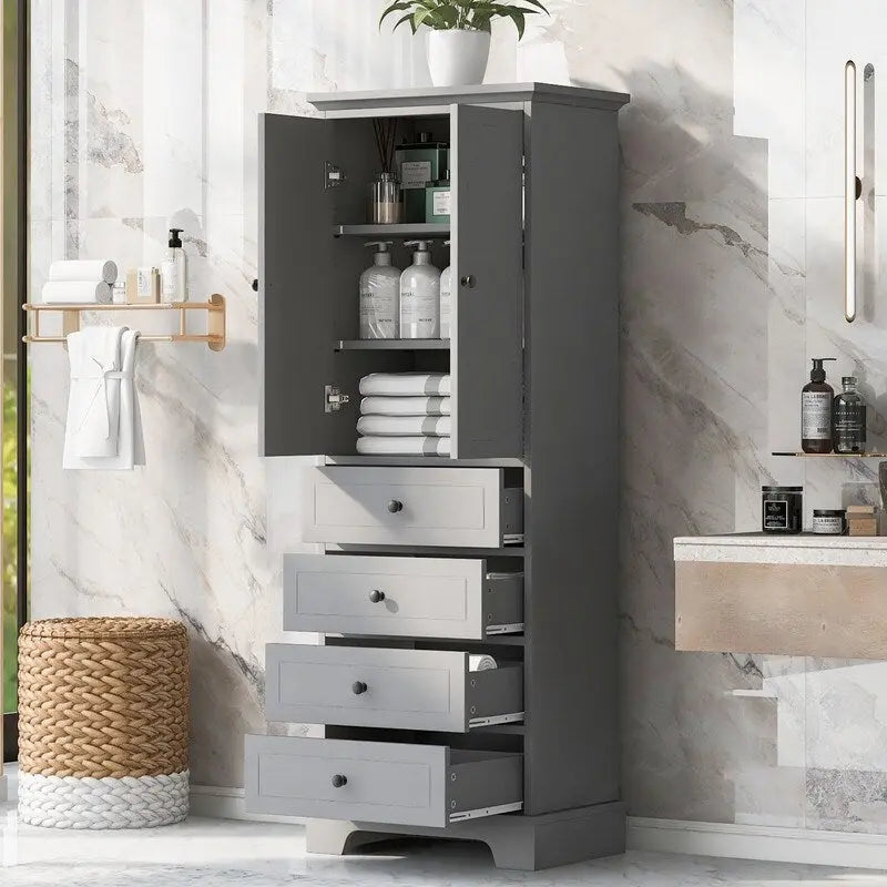 Bathroom Storage Cabinet with 2 Doors, 4 Drawers and Adjustable Shelf