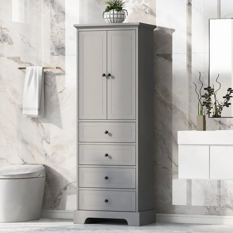 Bathroom Storage Cabinet with 2 Doors, 4 Drawers and Adjustable Shelf
