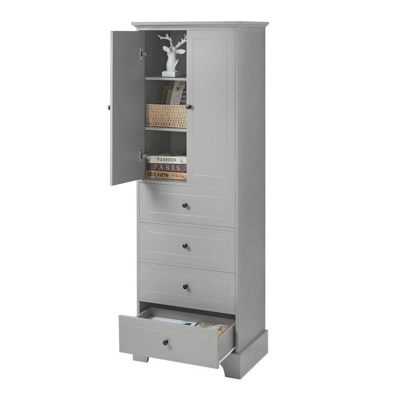 Bathroom Storage Cabinet with 2 Doors, 4 Drawers and Adjustable Shelf