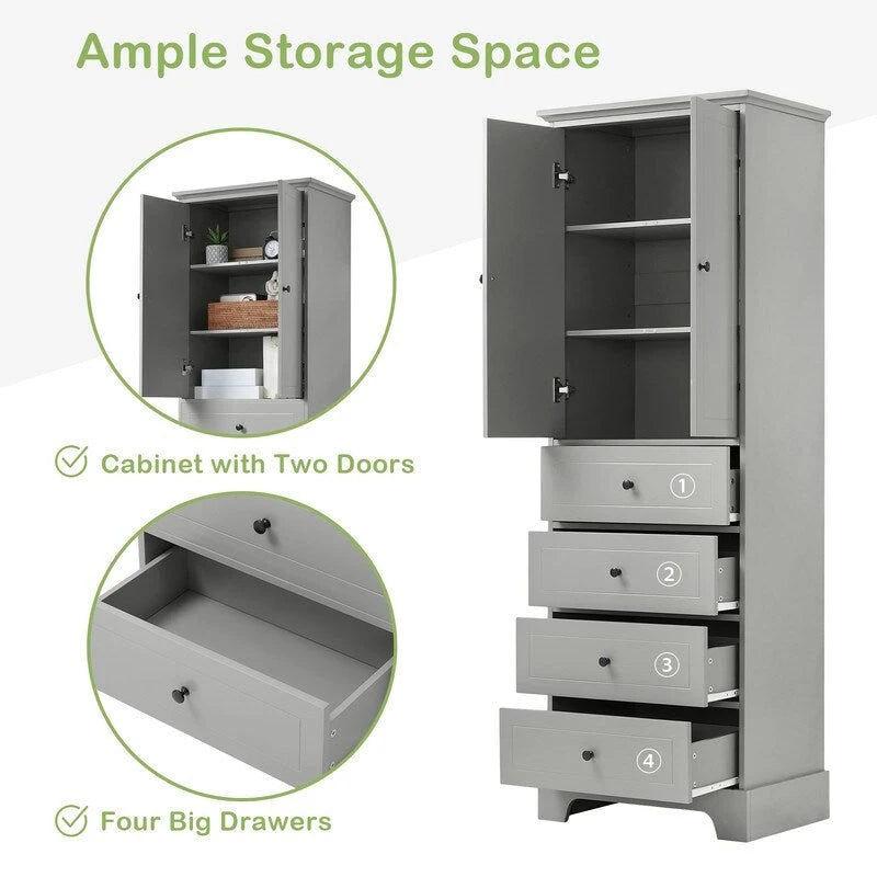 Bathroom Storage Cabinet with 2 Doors, 4 Drawers and Adjustable Shelf