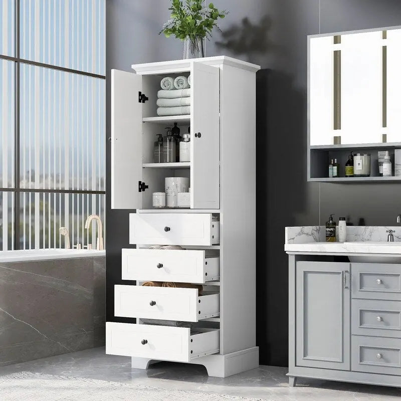 Mobiletto Contenitore da Bagno con 2 Ante, 4 Cassetti e Ripiano Regolabile