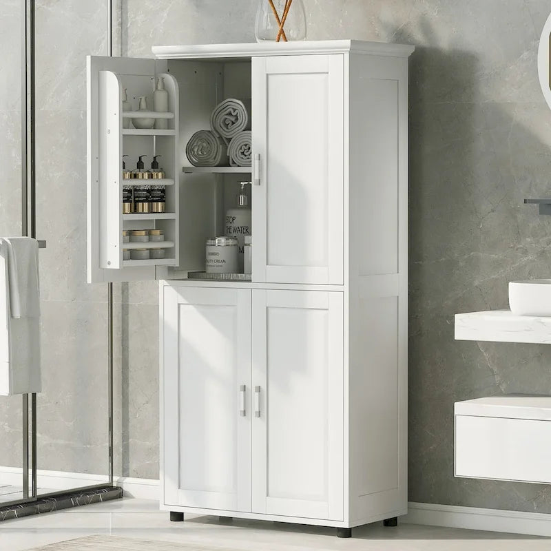 Tall Wide Bathroom Floor Storage Cabinet with 4 Doors and Adjustable Shelves