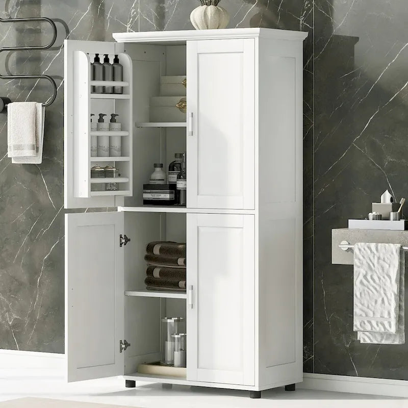 Tall Wide Bathroom Floor Storage Cabinet with 4 Doors and Adjustable Shelves
