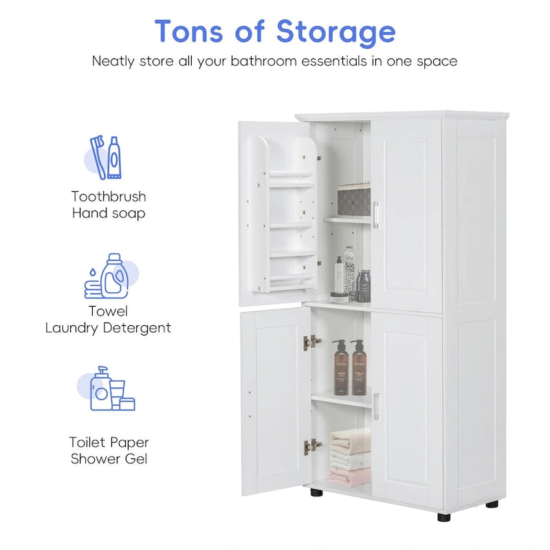 Tall Wide Bathroom Floor Storage Cabinet with 4 Doors and Adjustable Shelves