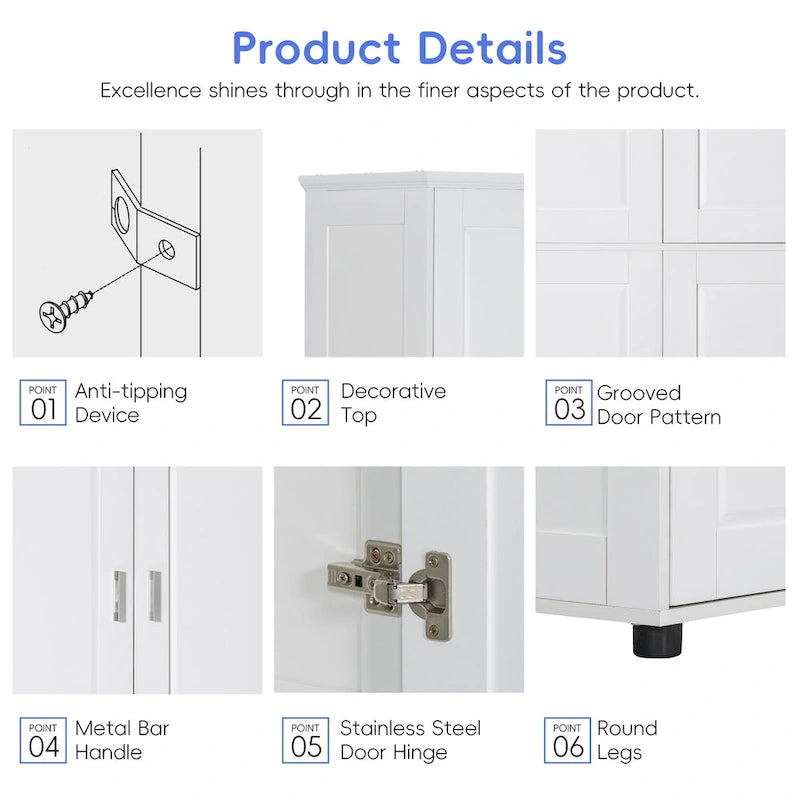Tall Wide Bathroom Floor Storage Cabinet with 4 Doors and Adjustable Shelves